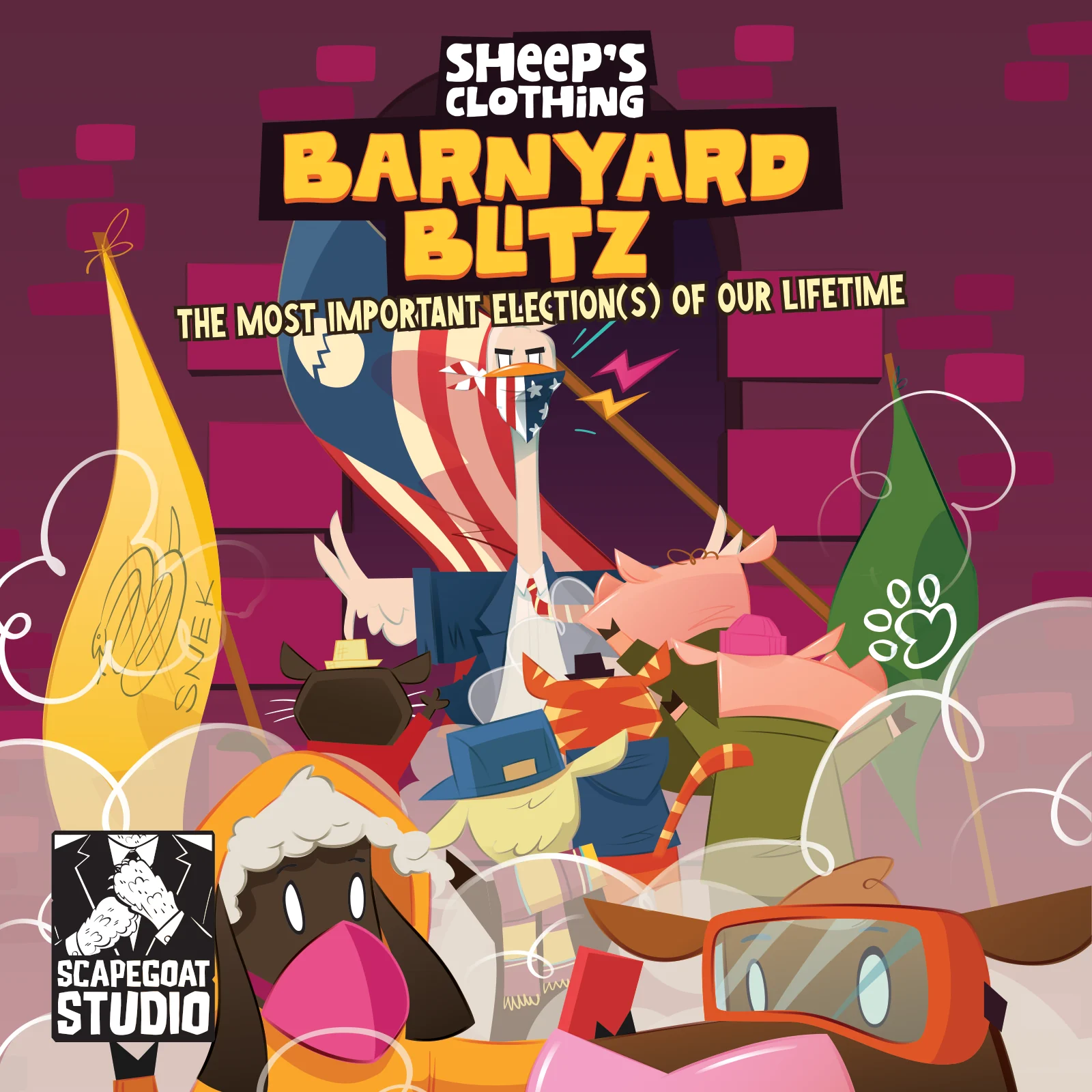 Sheep's Clothing: Barnyard Blitz board game box art: a goose in a suit and stars-and-stripes bandana stands before a giant flag while pigs, cats, sheep and goats brawl in a cloud of dust.